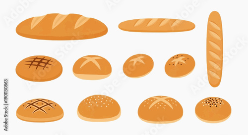 Assorted bread types and rolls displayed on a clean white surface from a direct overhead viewpoint