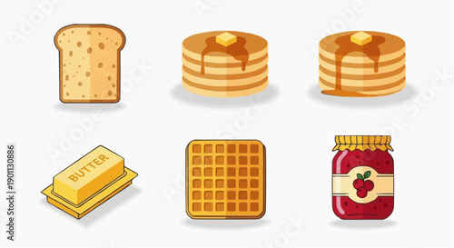 Assorted breakfast foods including pancakes, waffles, bread on a clean white background from a direct overhead viewpoint