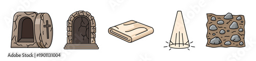 Collection of Christian religious icons depicting the resurrection story with an empty tomb, shroud, and divine light in a simple cartoon vector illustration style