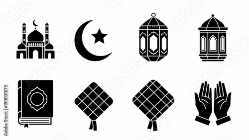 Islamic religious and cultural symbols vector icon set for Ramadan and Eid celebrations, featuring mosque, lanterns, Quran, and traditional food