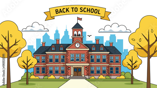 Classic back to school illustration featuring a grand school building, lush autumn trees, and a modern city skyline in the background.