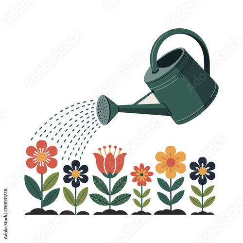 Watering can nurturing vibrant colorful flowers