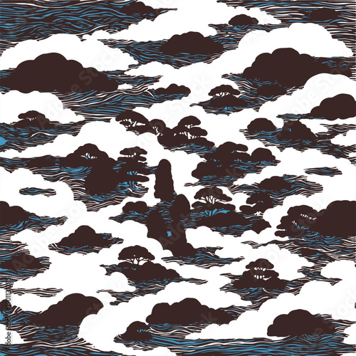 Elegant Japanese-style background with dark brown pine tree silhouettes nestled in white clouds. Hand-drawn woodblock etching and blue line textures create a serene, layered aesthetic.
