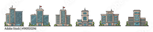 Set of six modern office building illustrations in a clean line art cartoon style, showcasing various architectural designs for corporate headquarters and urban structures