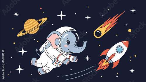 Adorable cartoon elephant astronaut joyfully flying through outer space, accompanied by a rocket, planet, comet, and shimmering stars.