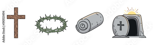 Set of four Christian Easter symbols including a wooden cross, crown of thorns, burial shroud, and an empty tomb with a sunrise, depicted in a simple cartoon doodle style