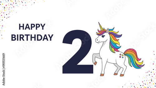 Festive happy birthday background for a 2-year-old, featuring a majestic unicorn with a rainbow mane and colorful confetti.