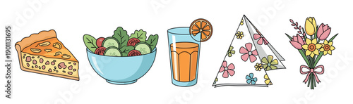 Collection of hand-drawn picnic items featuring a savory quiche slice, a vegetable salad bowl, orange juice, a patterned napkin, and a bouquet of tulips and daffodils