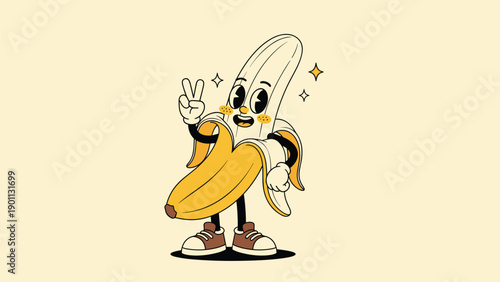 Happy banana fruit character with a peeled skin, joyfully giving a peace sign and smiling cheerfully.