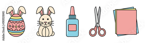 Set of Easter craft supply icons including a bunny egg, rabbit, glue, scissors, and colored paper in a cute, simple line art illustration style for holiday activities