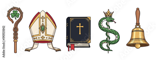 Set of five religious Christian symbols featuring a Celtic crosier with a shamrock, a bishop's mitre, a holy bible, a crowned snake on a staff, and a golden handbell illustration