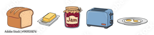 Set of breakfast food and appliance icons including bread, butter, jam, a toaster, and fried eggs, drawn in a simple and colorful cartoon illustration style for a cheerful morning concept