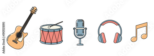 Set of five music-themed icons featuring an acoustic guitar, snare drum, retro microphone, headphones, and a musical note in a colorful flat line art illustration style