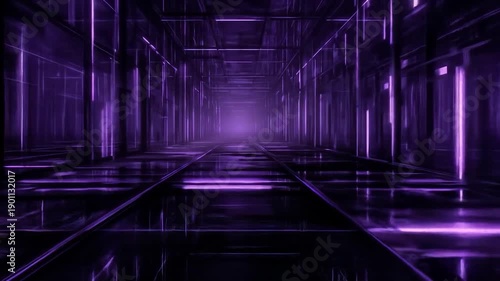 Abstract futuristic tunnel with neon lights and reflective surfaces