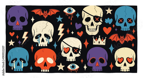 Colorful Skull Collection with Unique Designs and Expressive Features.