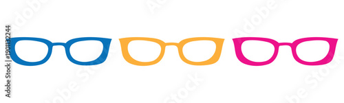 Colorful eyeglass frames in blue, yellow and pink on white background
