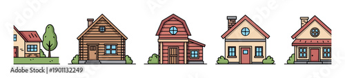 Five different cartoon houses and cabins lined up in a row, showcasing various architectural styles and colors in a charming illustration.