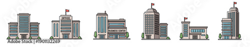 Set of six modern office buildings and skyscrapers illustrated in a simple flat line art style for corporate or real estate concepts, presented as a collection of architectural icons