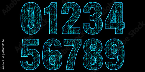 Modern Digital Number Set 0 to 9 in Blue Mesh Wireframe Style with Individual Vector Groups for Tech Data and Analytics