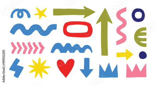 Vibrant collection of hand drawn abstract shapes and arrows.