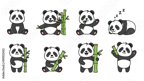 Adorable collection of cute cartoon panda bears in various playful poses, happily eating and holding bamboo sticks.