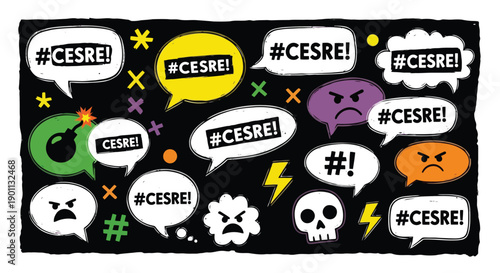 Speech bubbles with hashtag CESRE and angry faces.