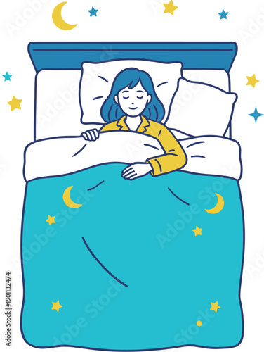 ベッドでぐっすり眠る女性の安眠ナイトタイムイラスト