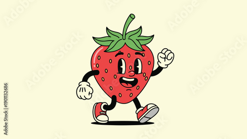 Cheerful strawberry fruit character with a happy face, arms, and legs, confidently walking forward on a light background.