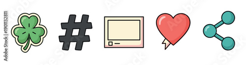 Social media and digital icons are displayed in a row, representing various online interactions and engagement concepts in a modern flat design style.