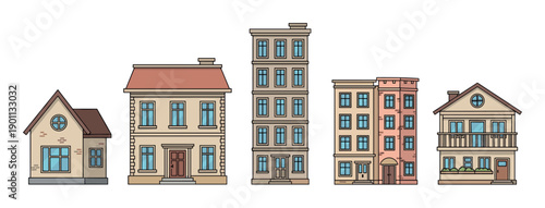 Five cartoon style buildings, including houses and apartment blocks, showcasing diverse architectural styles and sizes for urban and suburban settings.