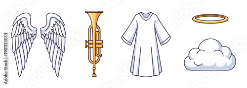 Set of cartoon angel symbols including wings, a golden trumpet, a white robe, a halo, and a cloud, representing heaven, purity, and religious concepts in a simple line art style