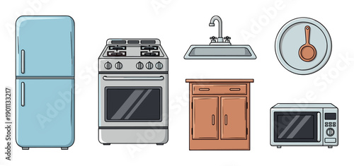 Kitchen appliances and furniture collection featuring a refrigerator, stove, sink, cabinet, microwave, and wall clock in a modern cartoon style.