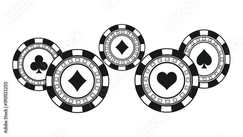 Collection of five classic poker chips, elegantly designed in black and white, featuring clubs, diamonds, spades, and hearts card suit symbols.