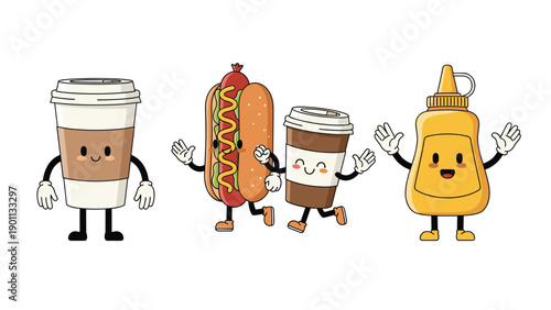 Fun collection of cheerful cartoon fast food characters, including a coffee cup, hot dog, and mustard bottle, smiling happily.