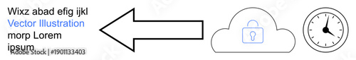 Data security, cloud computing, file transfer, technology, time management, digital security. Arrow pointing to a locked cloud and clock. Data security and cloud computing