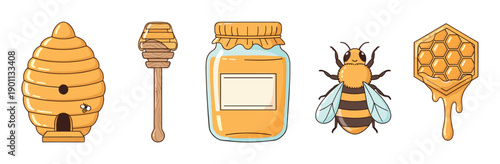 Beehive, honey dipper, honey jar, bee, and honeycomb are depicted in a charming cartoon style, representing the sweet world of beekeeping.