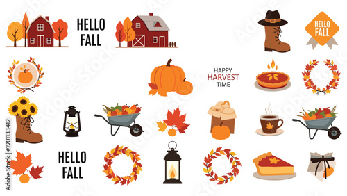 Extensive collection of cozy autumn and fall themed elements, featuring rustic houses, pumpkins, pies, boots, wreaths, lanterns, and leaves.