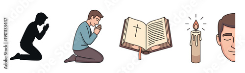Collection of Christian faith icons featuring a kneeling man in prayer, a silhouette, an open bible with a cross, and a lit candle, illustrating devotion and spirituality