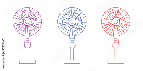 Three colorful standing fans in a row on white background