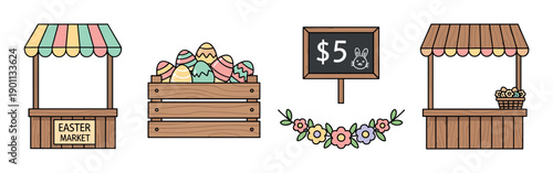 Easter market elements, including colorful eggs, festive stalls, and a price sign, create a charming spring shopping scene for holiday promotions.