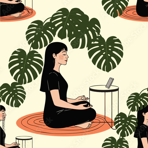 Woman meditating in lotus pose surrounded by plants, practicing mindfulness and inner peace with online guidance