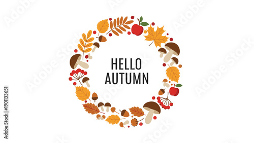Charming 'Hello Autumn' wreath illustration, adorned with colorful leaves, whimsical mushrooms, acorns, and red berries.