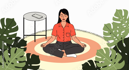 Woman meditating in lotus pose on a rug surrounded by plants, practicing mindfulness and inner peace at home.