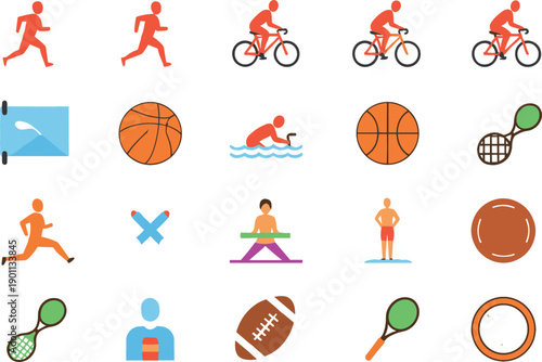 Flat vector icon set of various sports activities and equipment featuring running, cycling, tennis, and basketbal