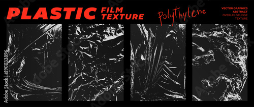 Grunge set of plastic film textures. Crumpled warp polyethylene packaging. Stretched, torn, wrinkled cling film for brutalism design. Abstract graphics for template, mockup, overlay effect, cover
