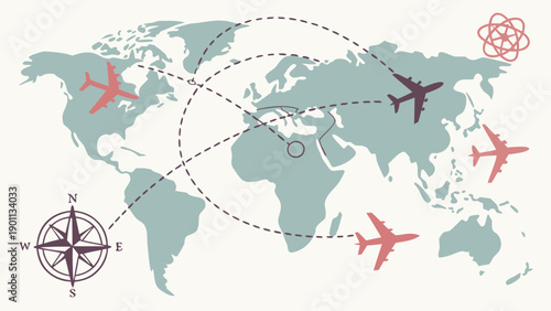 World Map with Airplane Travel Routes Vecto