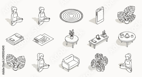 Isometric line art icons set for home yoga and meditation, representing calm, wellness, and a peaceful lifestyle with furniture and plants.