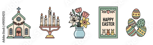 Set of five Easter holiday illustrations featuring a church, candelabra, spring flowers, greeting card, and decorated eggs in a charming pastel line art style for seasonal celebration