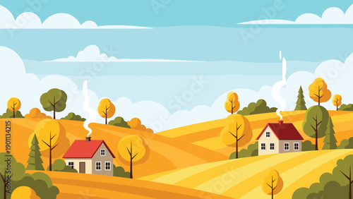 Serene autumn landscape featuring charming houses nestled among colorful yellow and orange trees on rolling hills under a blue sky.