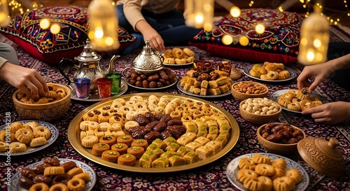 Assortment of Traditional Pastries and Sweets on Decorative Tablecloth arabic maghreb ramadan